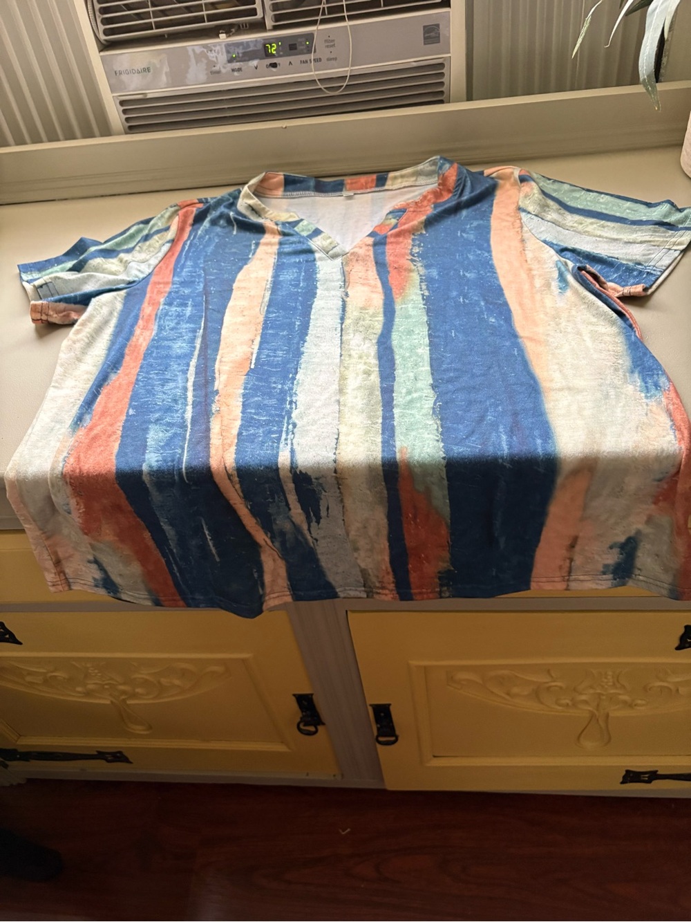 Women's Multicolor Striped Short Sleeve Top - Blue & Coral